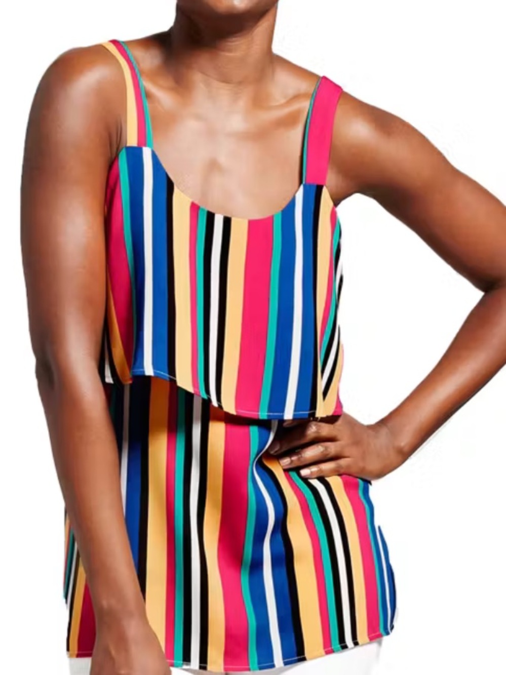 AUGUST SILK Bold Multicolored Vertical Stripes Tank Blouse Dual Layer Size Large